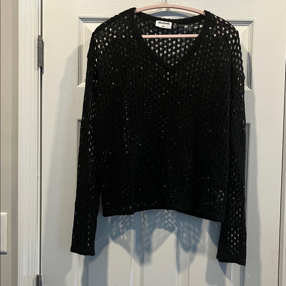 LNA Black Open-Knit V-Neck ‎ Sequined Embellishment Sweater Lightweight Size M